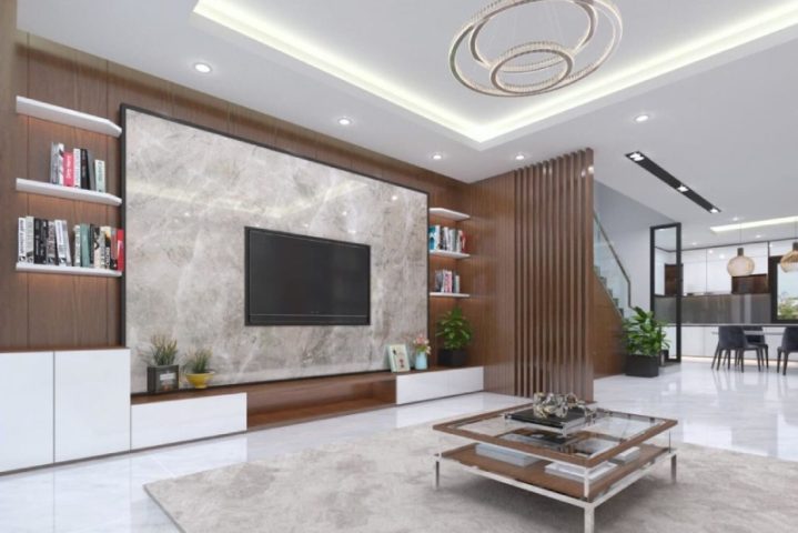 Có nên ốp tường phòng khách bằng pvc vân đá kết hợp lam sóng không?