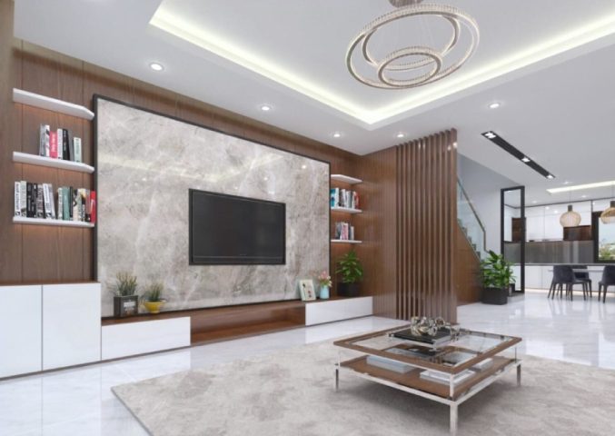 Xu hướng ốp tường phòng khách tấm ốp PVC vân đá kết hợp lam sóng hiện đại