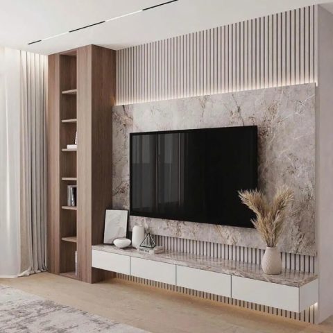 Xu hướng ốp tường phòng khách tấm ốp PVC vân đá kết hợp lam sóng hiện đại